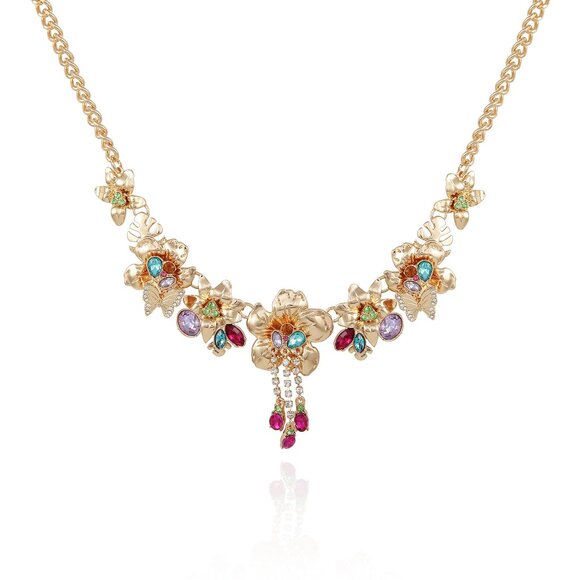 Goldtone Statement Necklace Butterfly Floral Crystal Elegant Y2K Chic